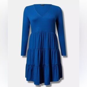 Torrid Cobalt blue longsleeve Tiered skater Mini V neck waffle knit Dress Size 1